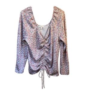 BKK CHANCE Womens 2X‎ Pink Floral Ruched Drawstring V Neck Long Sleeve Top